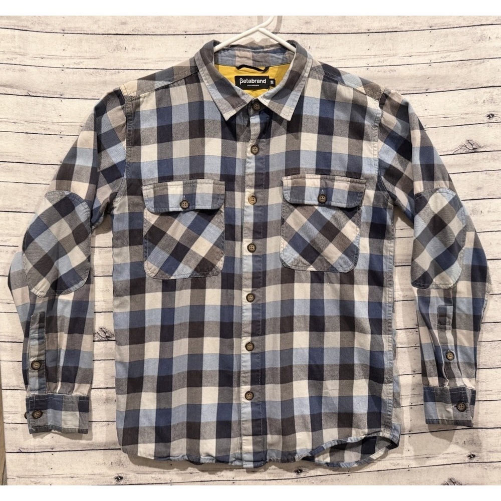 Betabrand SF Mens Button Down Flannel Shirt Sz M Blue Black Plaid Workwear